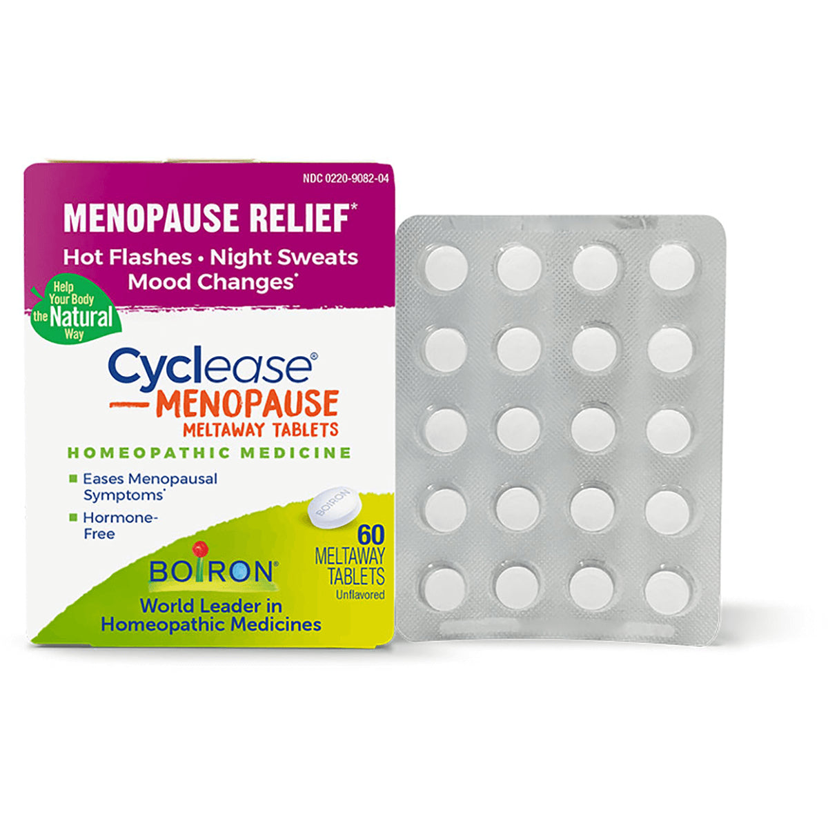 BRN122 | Cyclease Menopause meltaway tablets box labeled 60 unflavored tablets next to foil blister pack