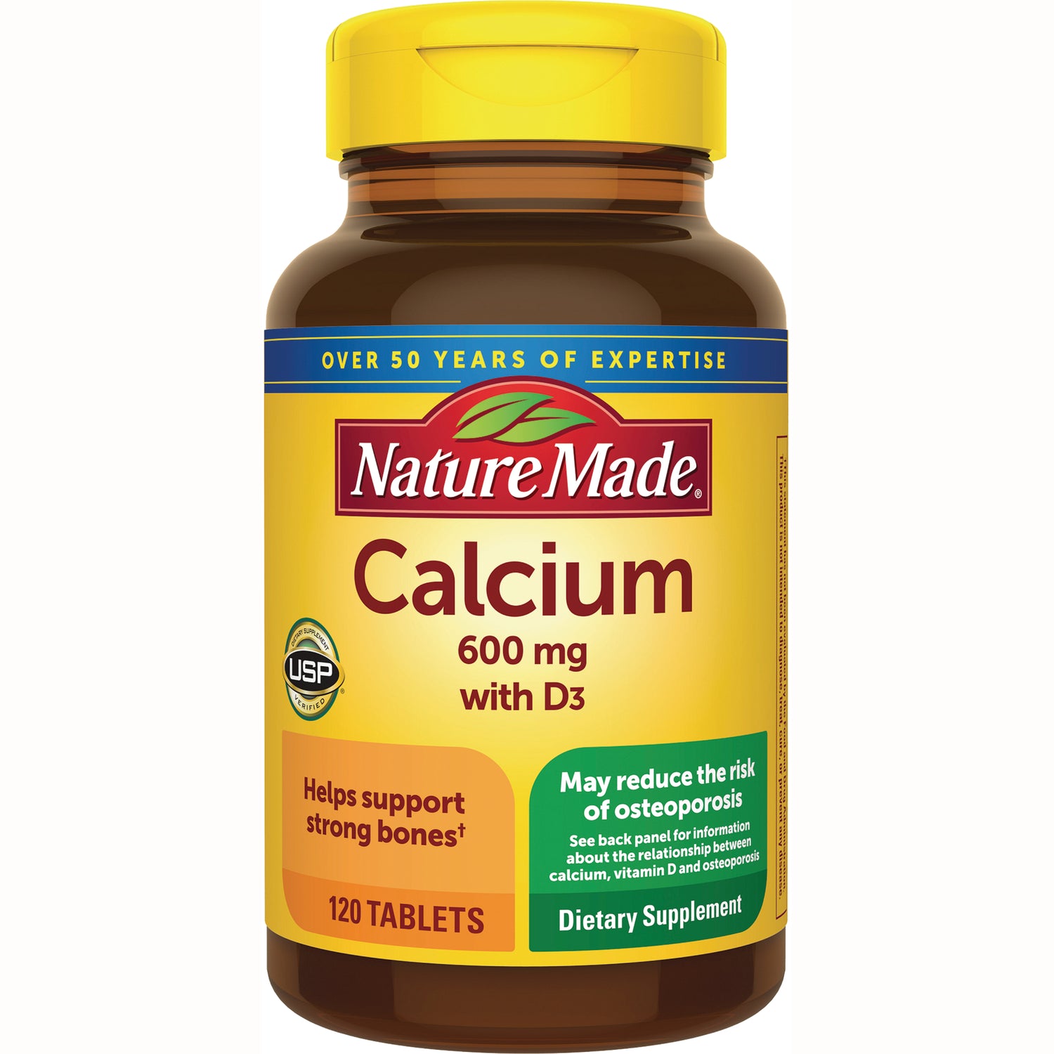 NTM159 | Nature Made Calcium 600 mg with D3 dietary supplement bottle, 120 tablets front label
