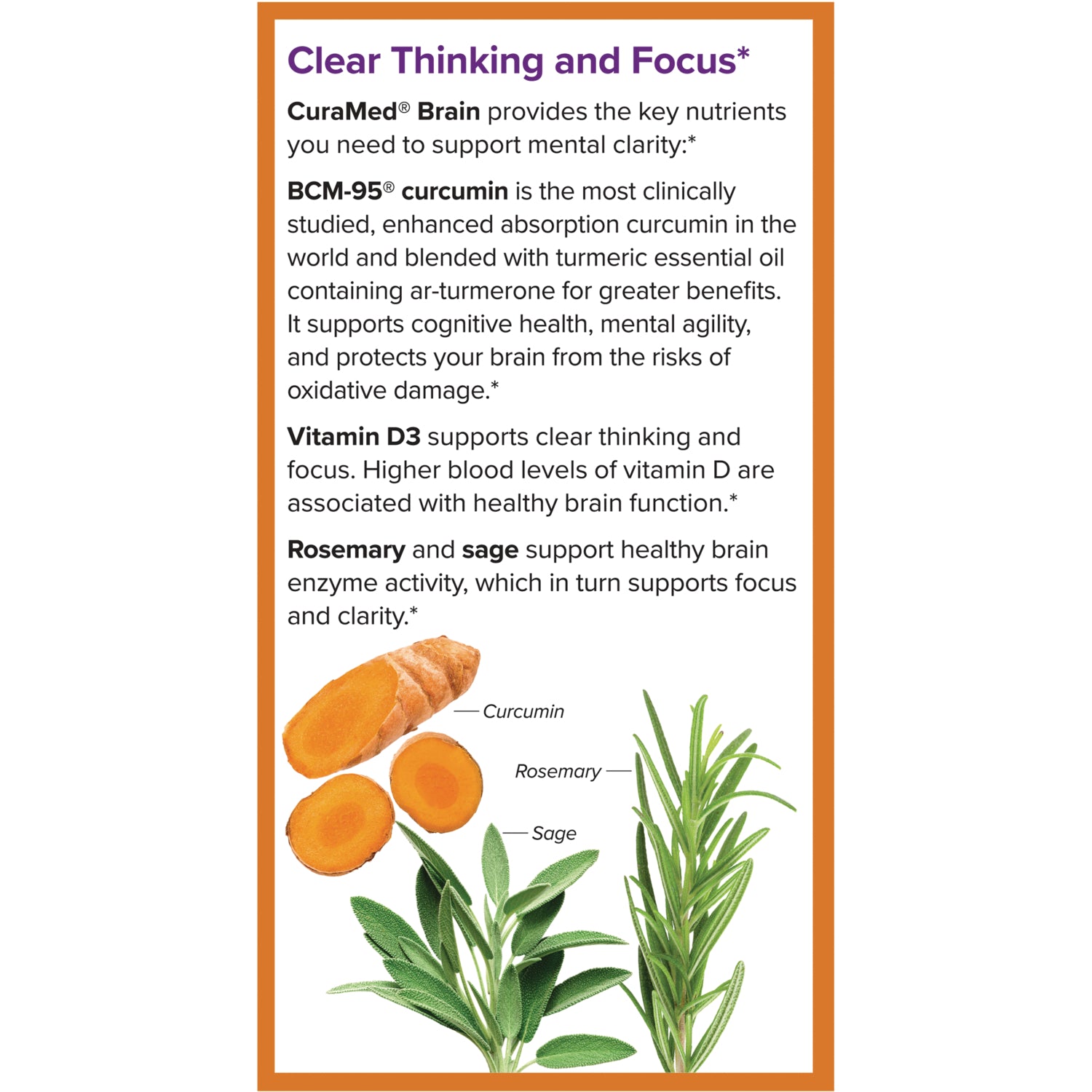 EUR010 | Product infographic titled Clear Thinking and Focus listing BCM-95 curcumin, Vitamin D3, rosemary and sage with ingredient images