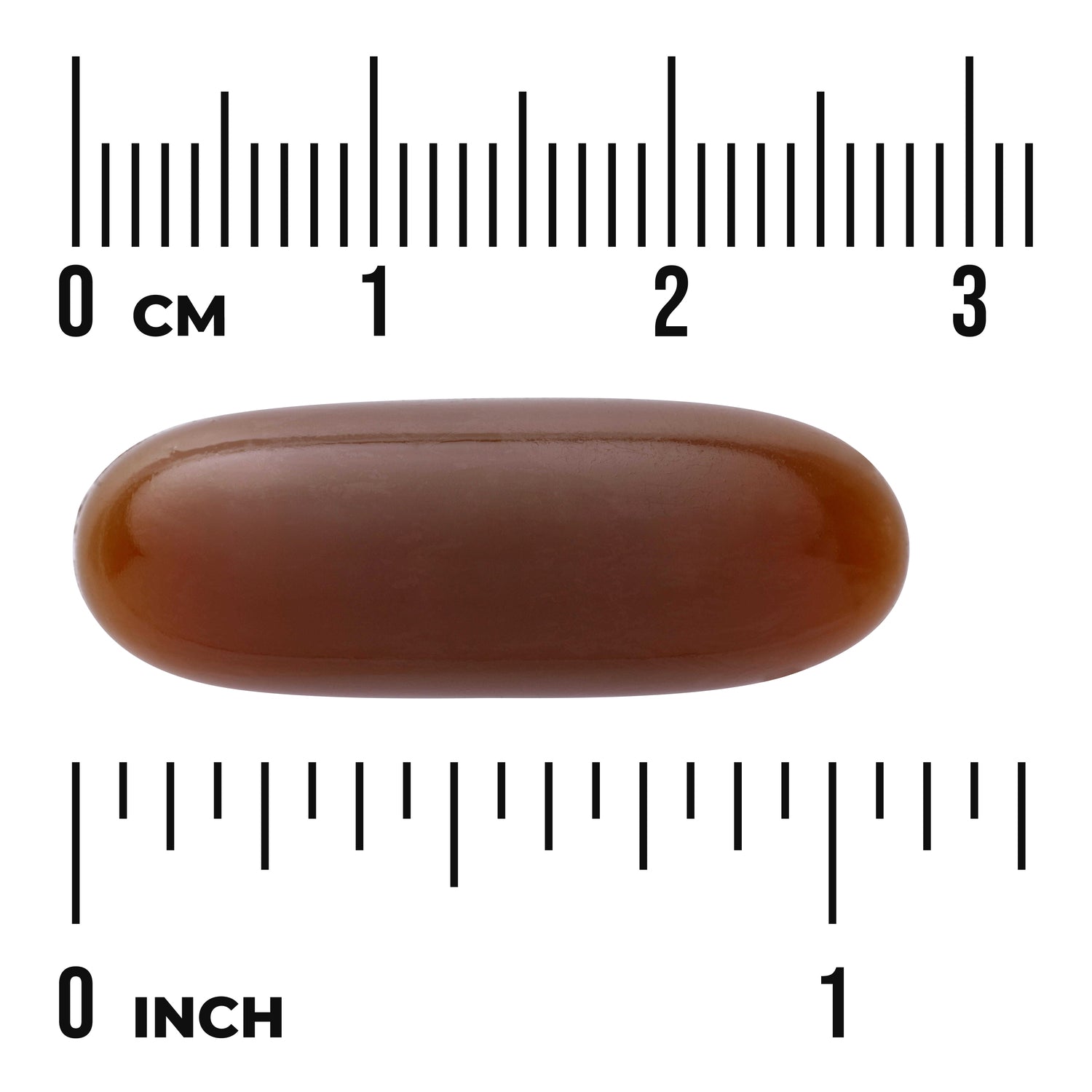 SW1583 | Brown oval softgel capsule centered on rulers showing centimeters and inches for size reference