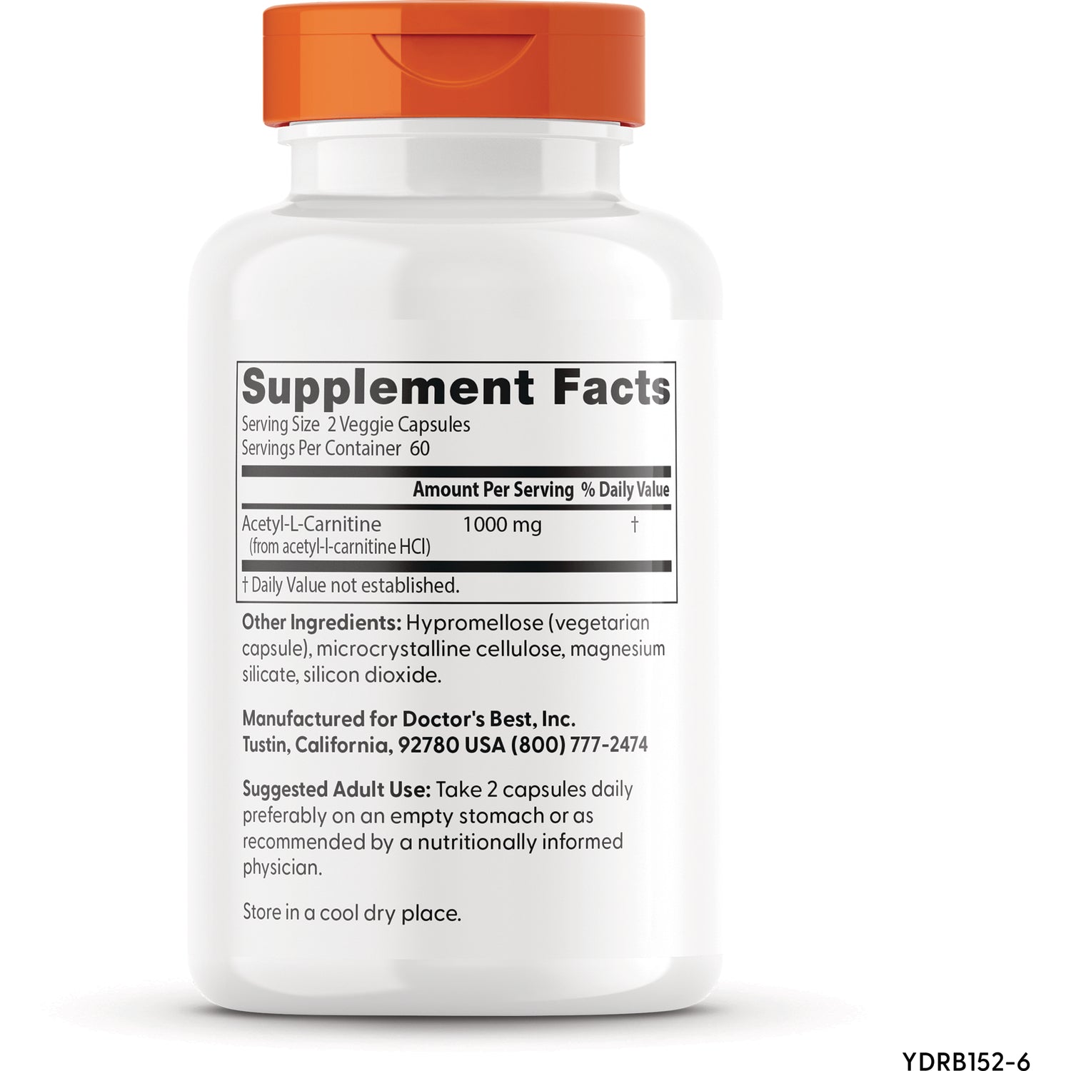 DB123 | back label with Supplement Facts showing Acetyl-L-Carnitine 1000 mg, other ingredients and suggested adult use
