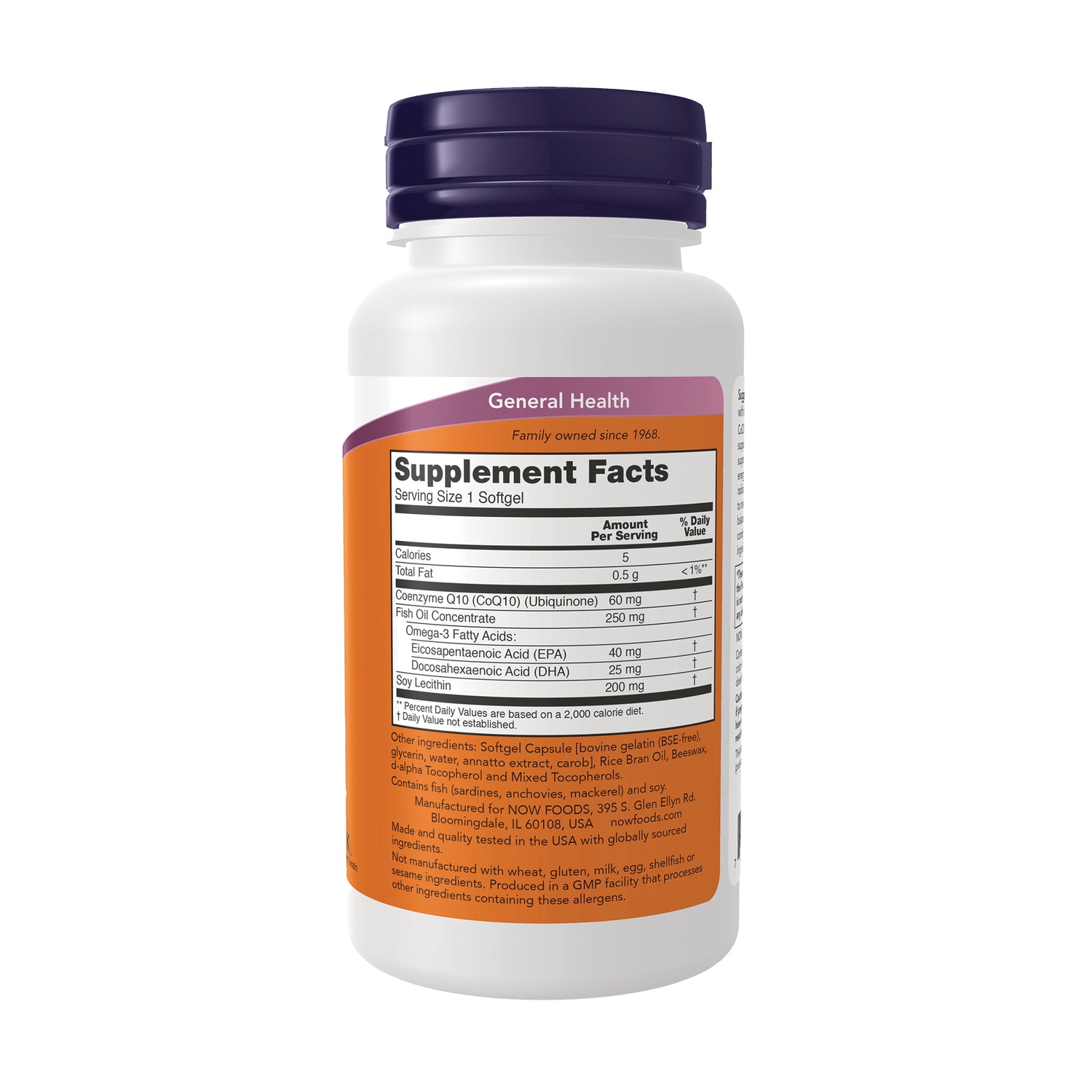 NWF042 | Back of white supplement bottle with purple cap showing Supplement Facts panel and orange label