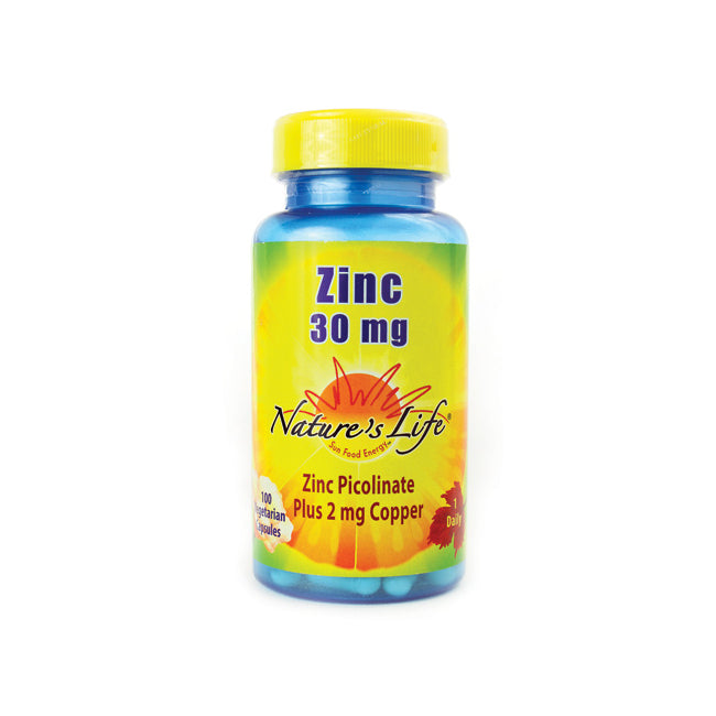 NSL018 | Nature's Life Zinc 30 mg supplement bottle labeled Zinc Picolinate plus 2 mg Copper