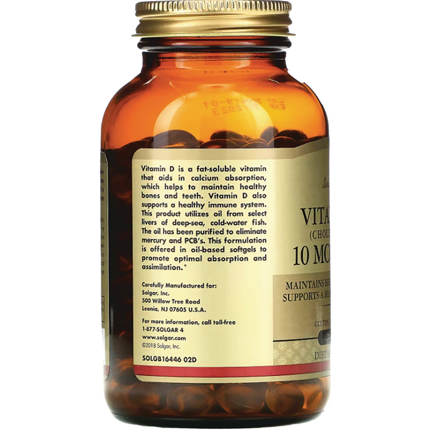 SLG242 | product infographic back label on amber vitamin D bottle showing supplement description and visible softgels
