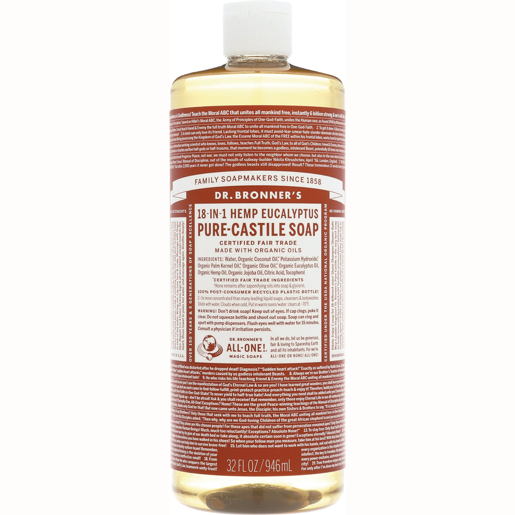 DRB024 | Dr. Bronner's 18-in-1 Hemp Eucalyptus Pure-Castile Soap 32 fl oz clear bottle front label - Thumbnail