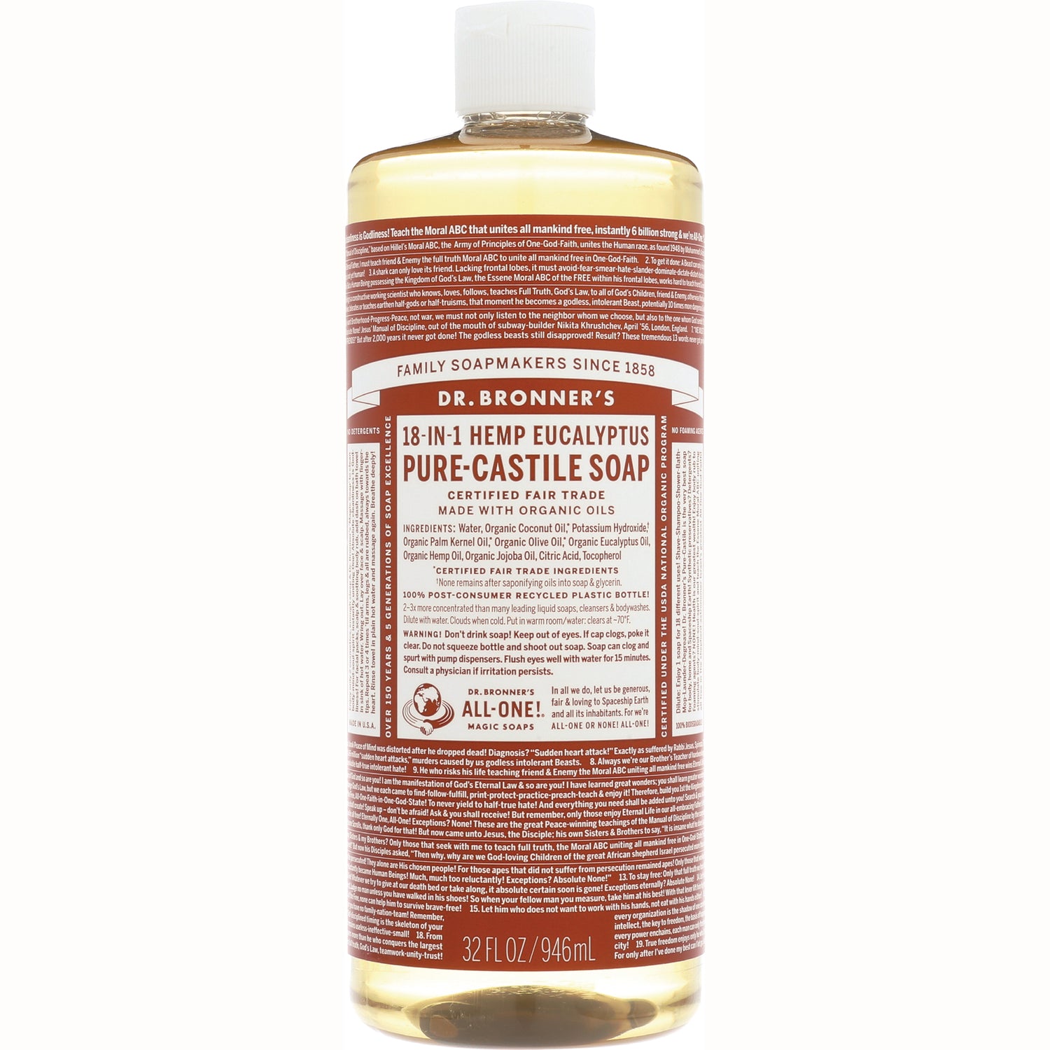 DRB024 | Dr. Bronner's 18-in-1 Hemp Eucalyptus Pure-Castile Soap 32 fl oz clear bottle front label