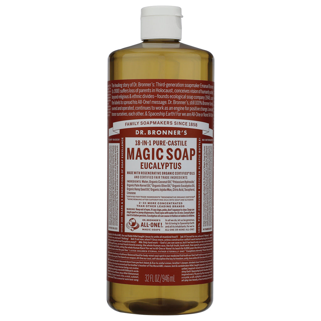DRB024 | Dr. Bronner's 18-in-1 Hemp Eucalyptus Pure-Castile Soap 32 fl oz clear bottle front label - Thumbnail