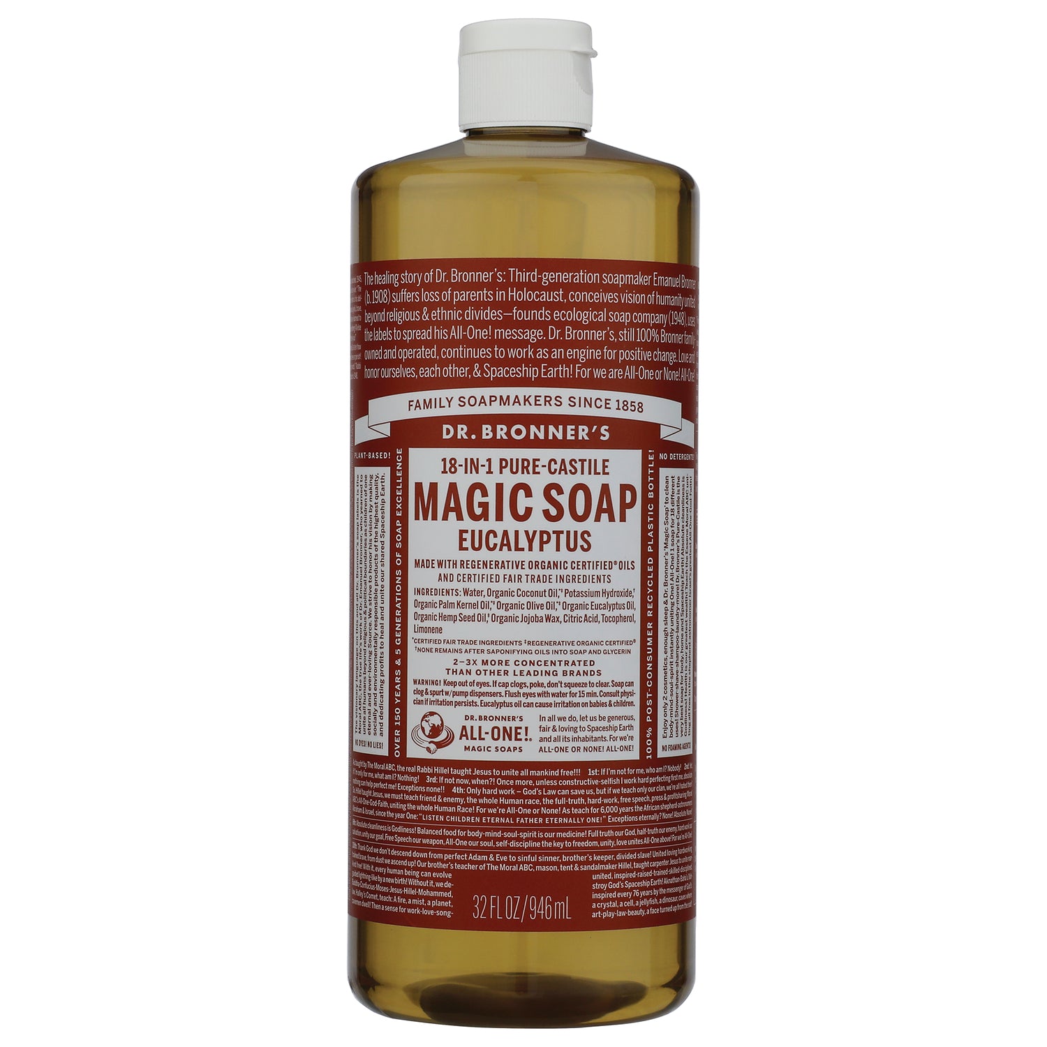 DRB024 | Dr. Bronner's 18-in-1 Hemp Eucalyptus Pure-Castile Soap 32 fl oz clear bottle front label