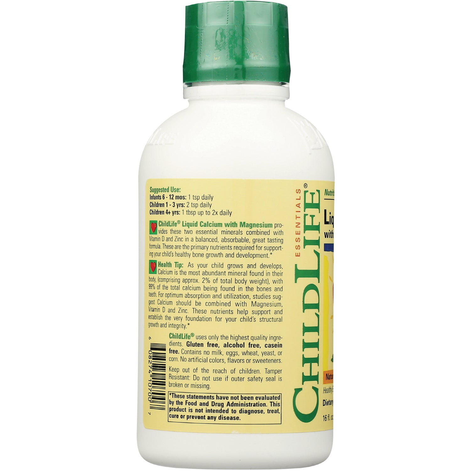 CHL001 | back label of ChildLife liquid calcium bottle showing suggested use, ingredients, and product information