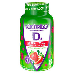 VFS026 | Vitafusion D3 gummies bottle, Extra Strength 75 mcg, strawberry flavor, 120 gummies