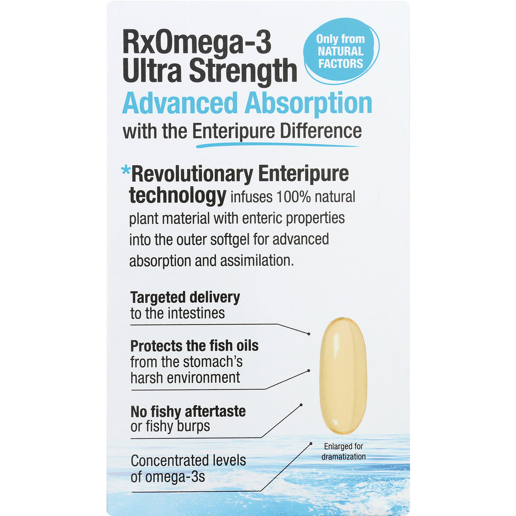 NFC118 | RxOmega-3 Ultra Strength infographic showing enlarged softgel and callouts for advanced absorption, targeted delivery, no fishy aftertaste - Thumbnail