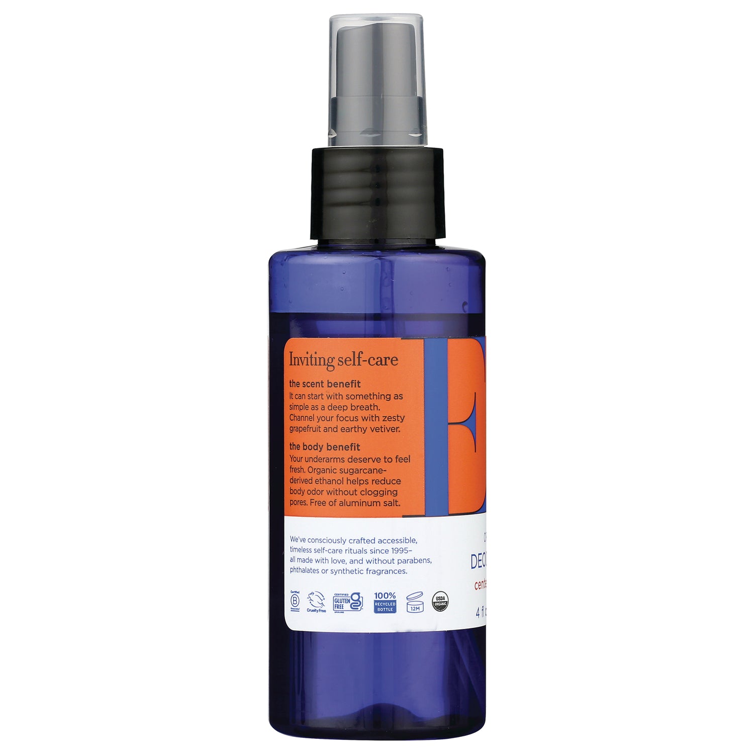 EOP059 | blue spray bottle with orange label reading Inviting self-care and body benefit text