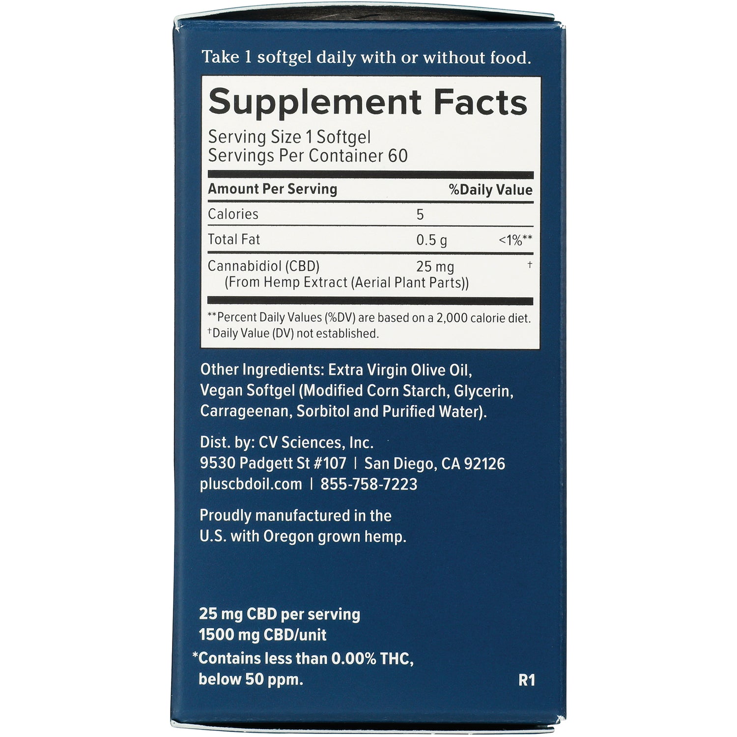 CV048 | Back panel with Supplement Facts: serving size 1 softgel, 25 mg CBD per serving, ingredients and manufacturer info