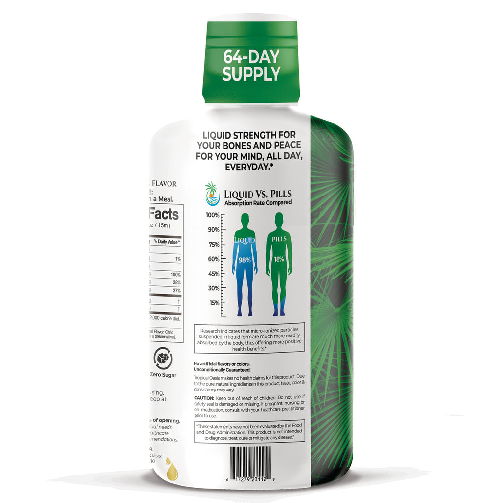 TPL027 | Back of liquid supplement bottle with 64-Day Supply cap and Liquid vs. Pills graphic showing 98% vs 18% - Thumbnail