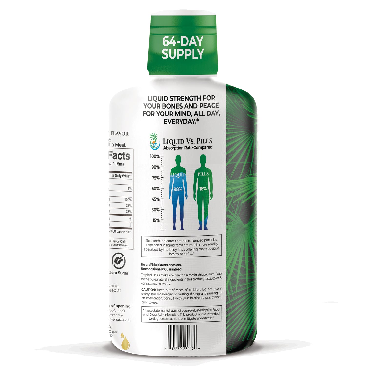 TPL027 | Back of liquid supplement bottle with 64-Day Supply cap and Liquid vs. Pills graphic showing 98% vs 18%