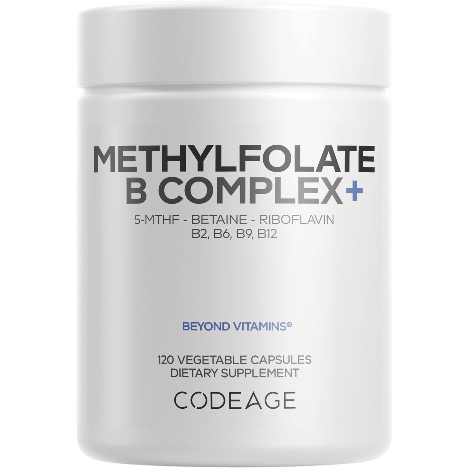 CDG030 | White bottle of Methylfolate B Complex+ dietary supplement labeled CODEAGE, 120 vegetable capsules