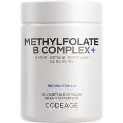 CDG030 | White bottle of Methylfolate B Complex+ dietary supplement labeled CODEAGE, 120 vegetable capsules