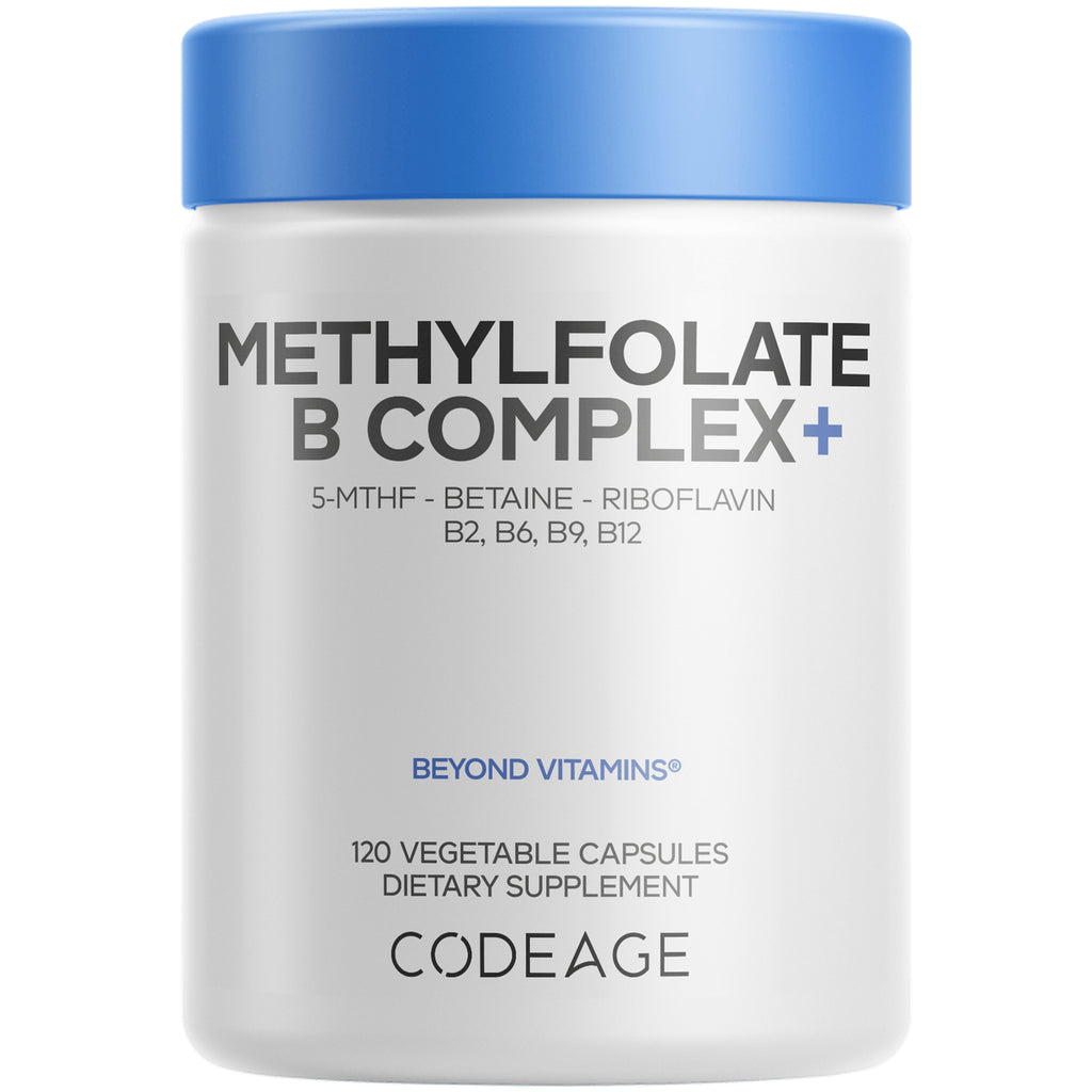 CDG030 | White bottle of Methylfolate B Complex+ dietary supplement labeled CODEAGE, 120 vegetable capsules - Thumbnail