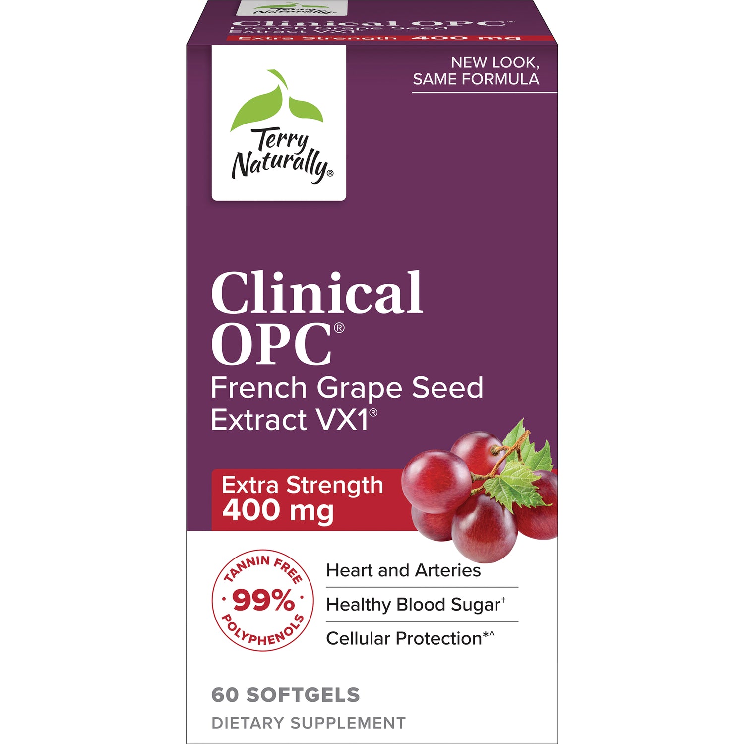 EUR050 | Terry Naturally Clinical OPC French grape seed extract VX1 box, extra strength 400 mg, 60 softgels