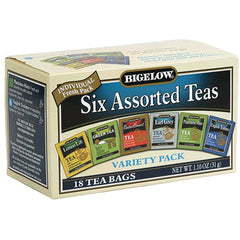 BGT016 | Bigelow Six Assorted Teas variety pack box showing six tea sachet designs, 18 tea bags