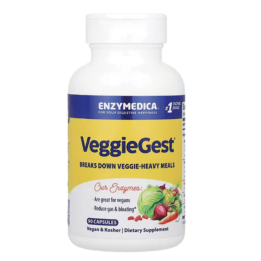 EMD025 | VeggieGest digestive enzyme supplement bottle front label, 90 capsules, vegan and kosher - Thumbnail