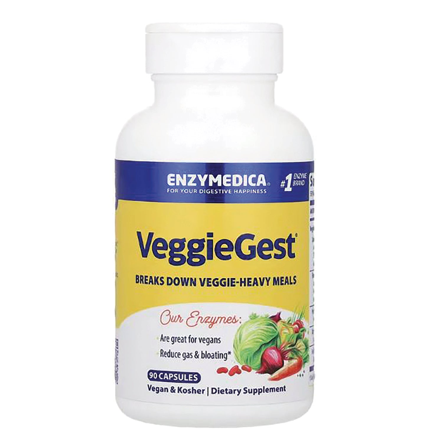 EMD025 | VeggieGest digestive enzyme supplement bottle front label, 90 capsules, vegan and kosher