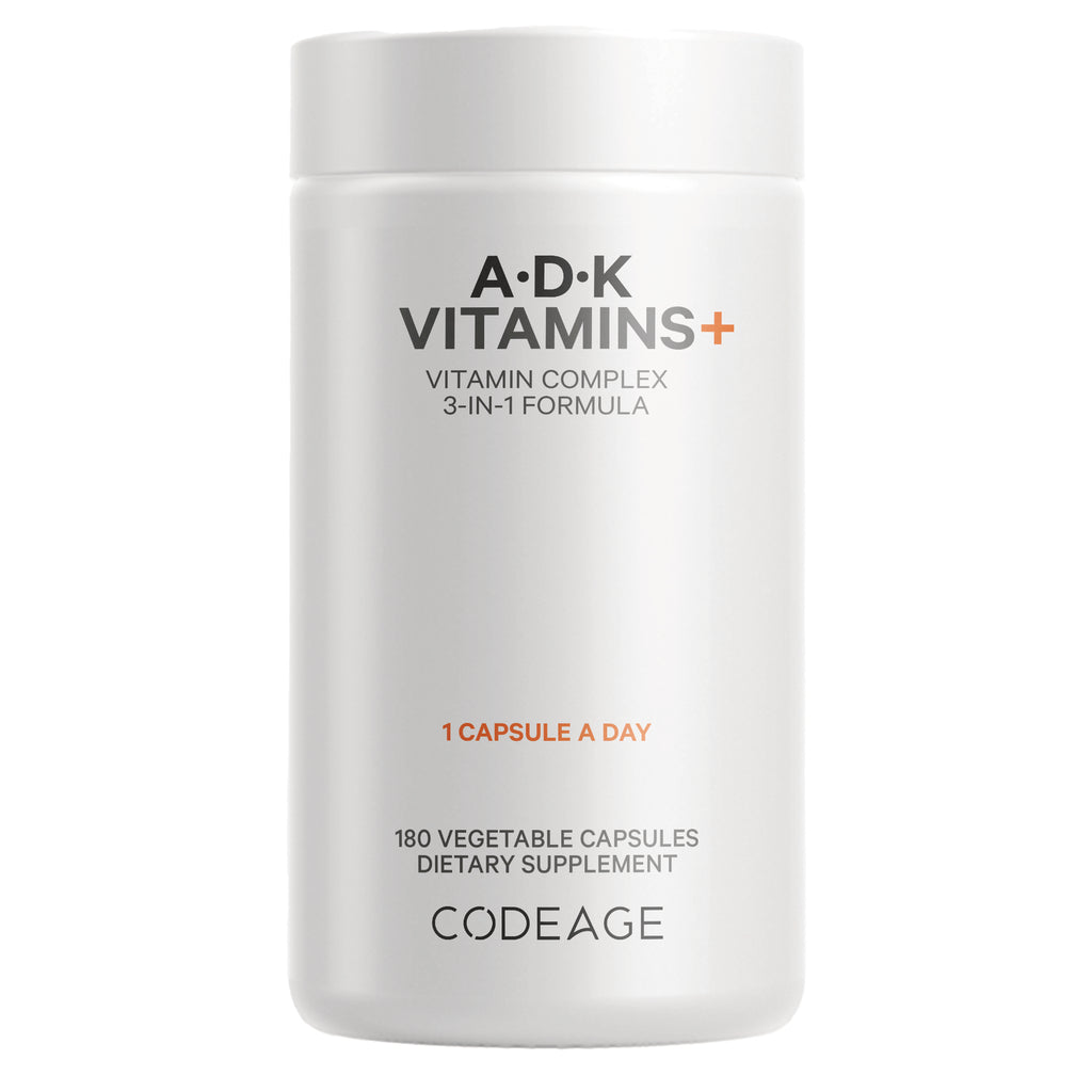 CDG035 | White bottle labeled ADK VITAMINS+ vitamin complex 3-in-1 formula, 180 vegetable capsules, Codeage - Thumbnail
