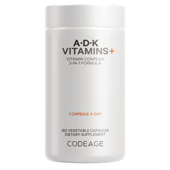 CDG035 | White bottle labeled ADK VITAMINS+ vitamin complex 3-in-1 formula, 180 vegetable capsules, Codeage