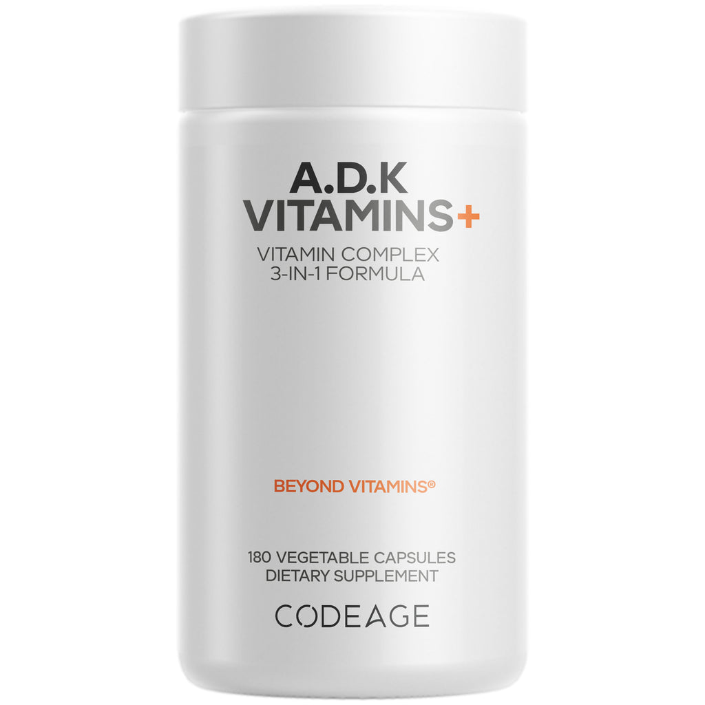 CDG035 | White bottle labeled A·D·K VITAMINS+ vitamin complex 3-in-1 formula, 180 vegetable capsules, Codeage - Thumbnail