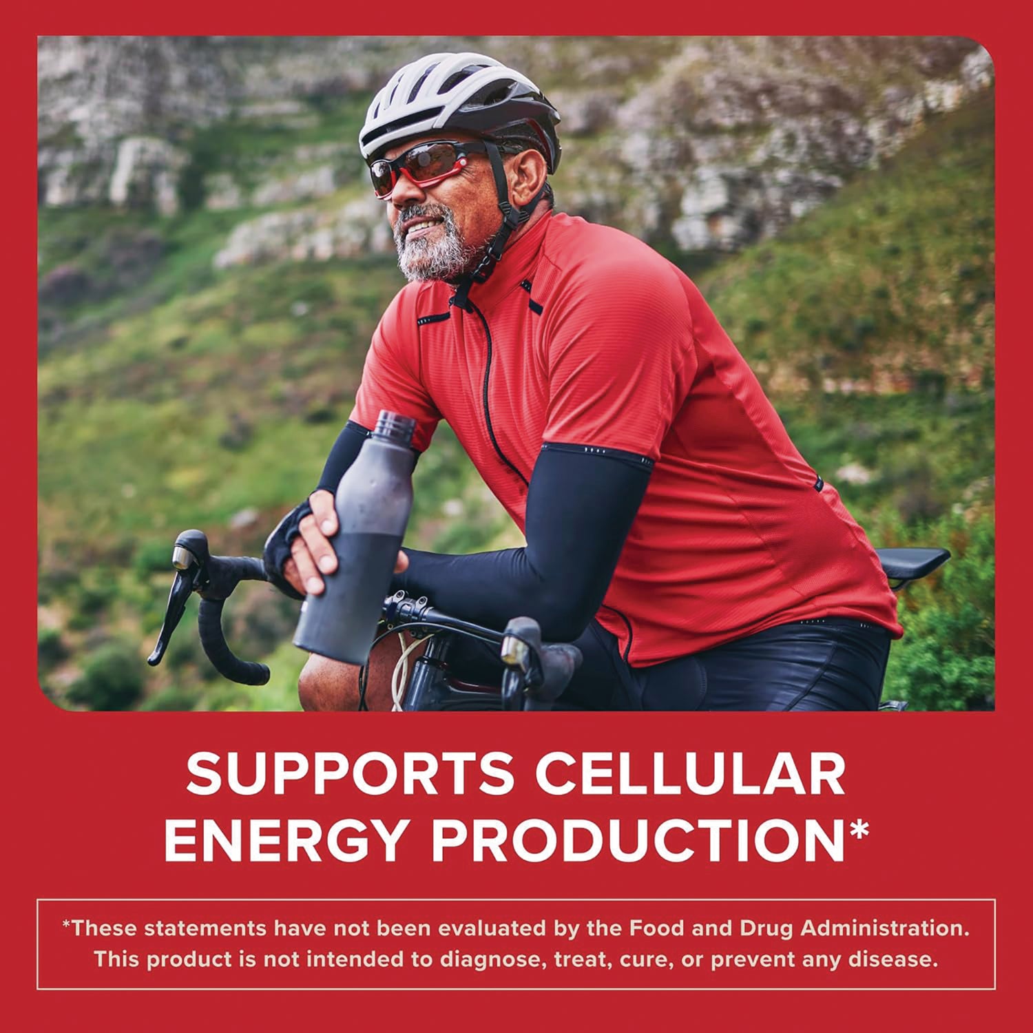 QNL003 | Image of man riding bike with text Supports Cellular Energy Production