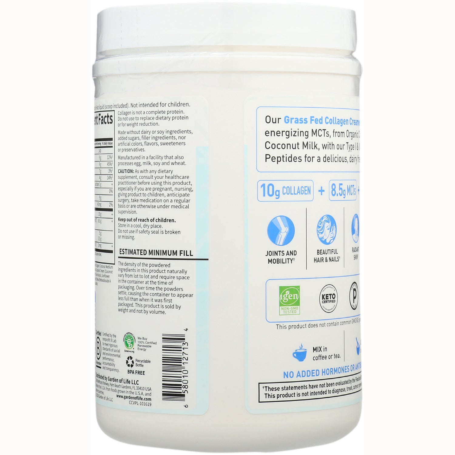 GLF307 | Back of white supplement tub showing supplement facts, estimated minimum fill, 10g collagen and icons for joints, hair, keto