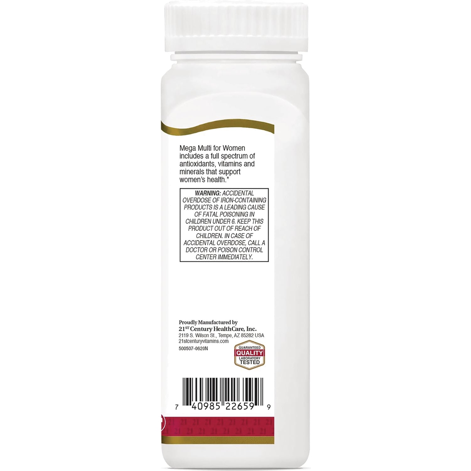 CNT101 | Back label of white supplement bottle showing warning box, manufacturer info and barcode