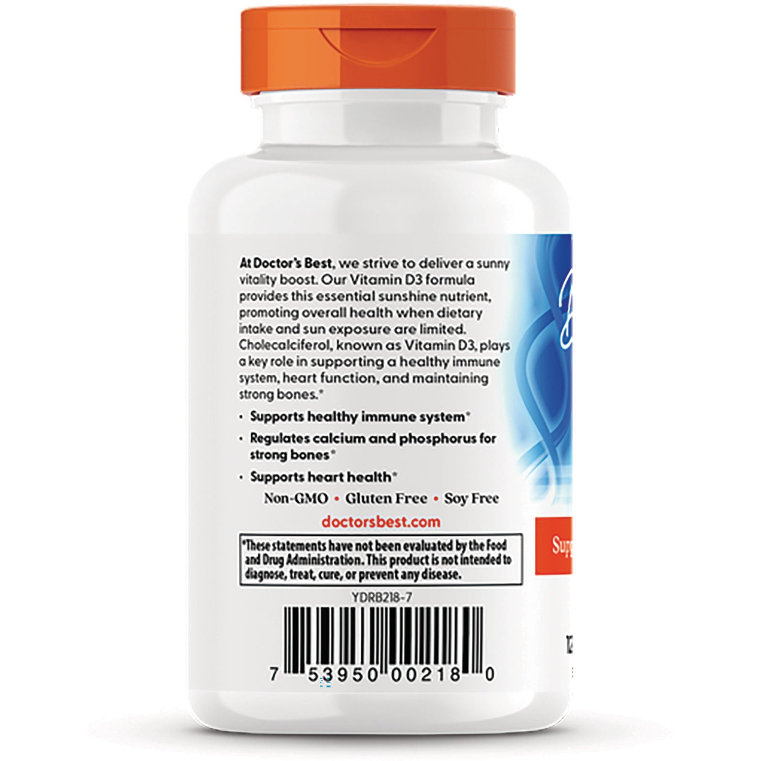 DB102 | back label of white supplement bottle showing product claims, Non-GMO Gluten Free Soy Free text and barcode