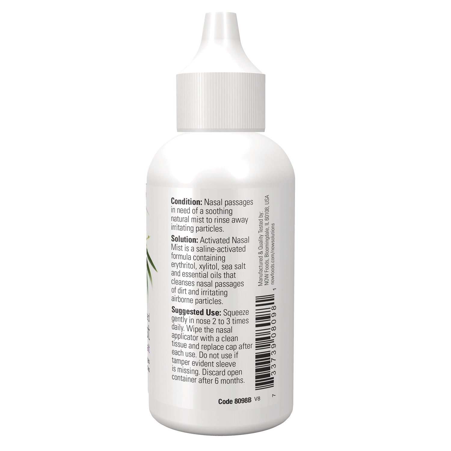 NWF402 | Back of white nasal spray bottle showing directions, ingredients, barcode and small-print label