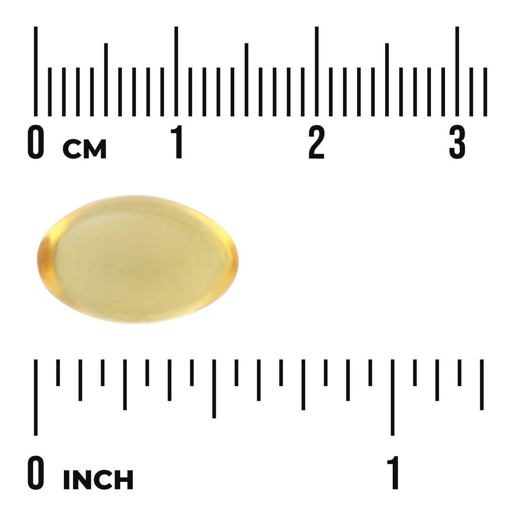 SW140 | Yellow oval softgel capsule with centimeter and inch rulers showing size, visible text '0 cm' and '0 inch' - Thumbnail
