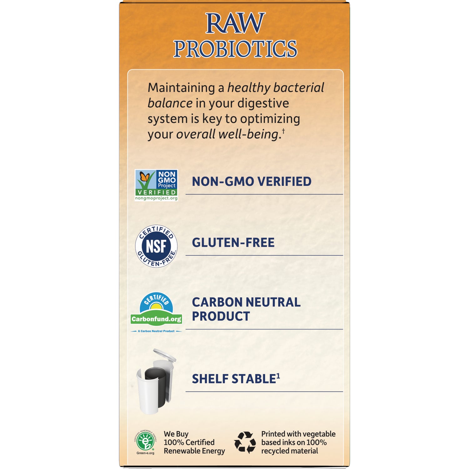 GLF364 | Back panel of Raw Probiotics box listing Non-GMO verified, gluten-free, carbon neutral product, shelf stable