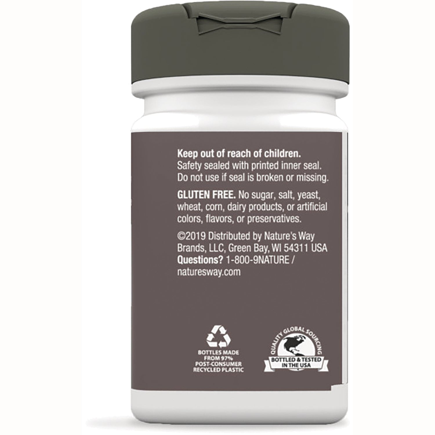 NW564 | back label of supplement bottle with safety warning, gluten free statement, and recycling and bottling icons