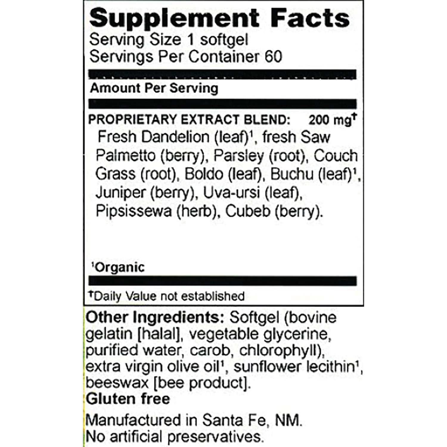 HE113 | back label showing Supplement Facts, proprietary extract blend ingredients and other ingredients, serving size 1 softgel