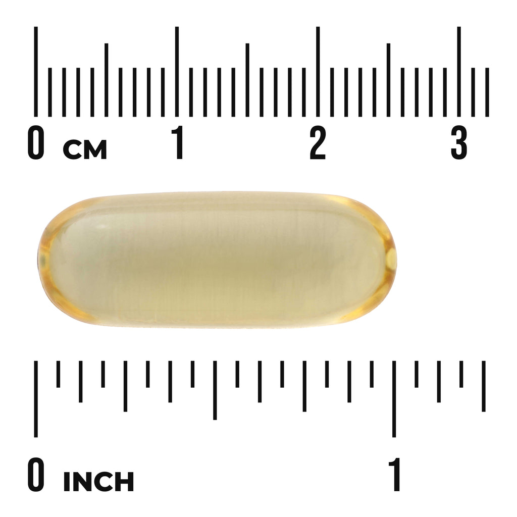 SW144 | Translucent oval softgel capsule centered between centimeter and inch rulers showing size - Thumbnail