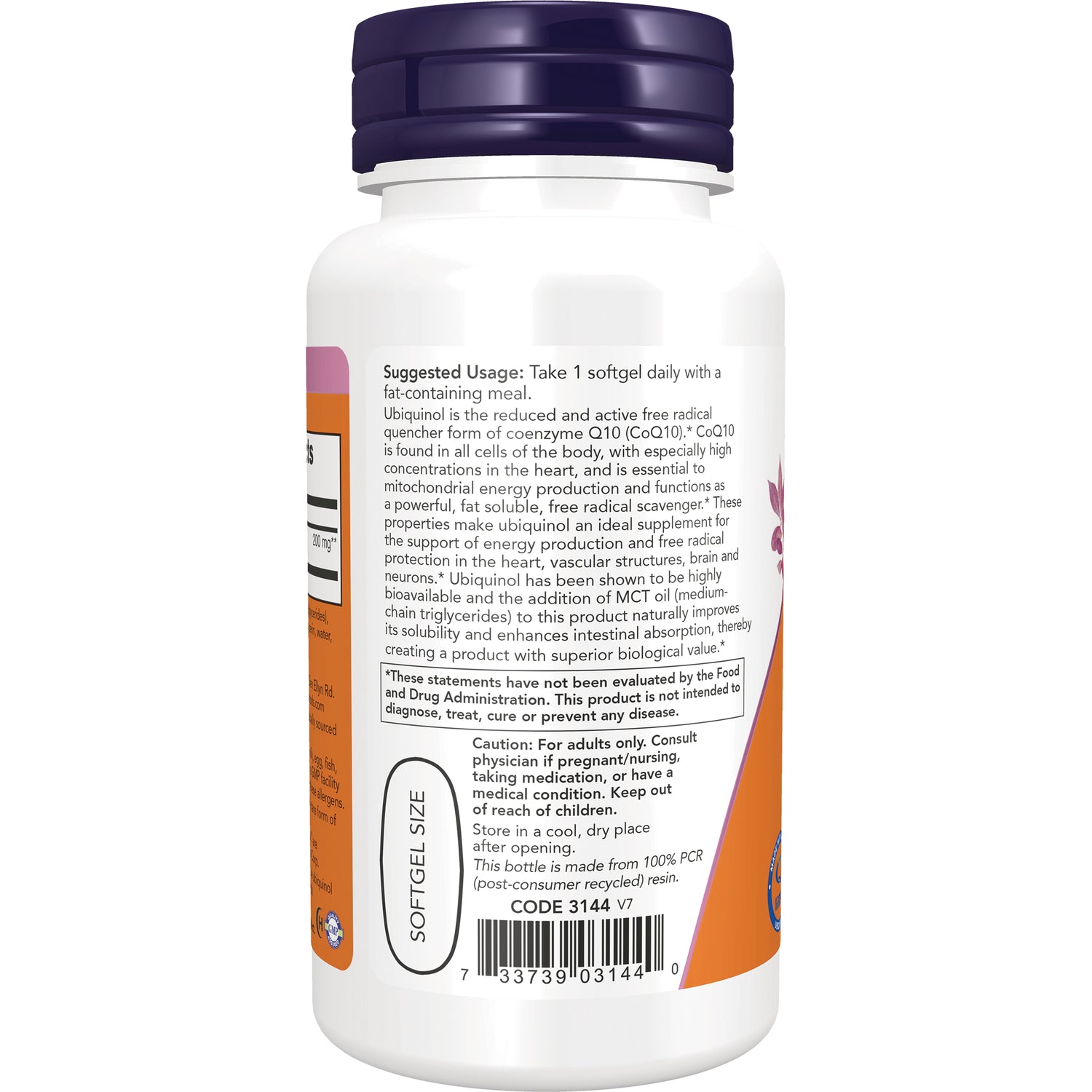 NWF1331 | Back label of white supplement bottle showing Suggested Usage Take 1 softgel daily, caution text, barcode, and softgel size
