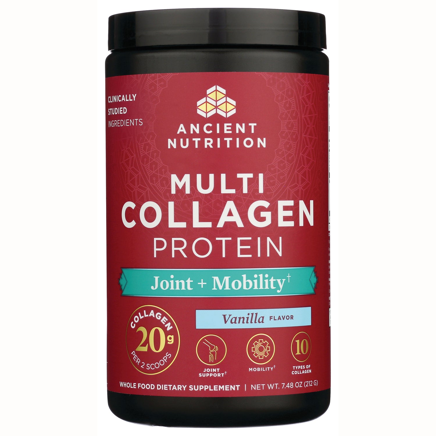 ATN049 | Ancient Nutrition Multi Collagen Protein vanilla flavor tub labeled Joint + Mobility and 20 g per 2 scoops