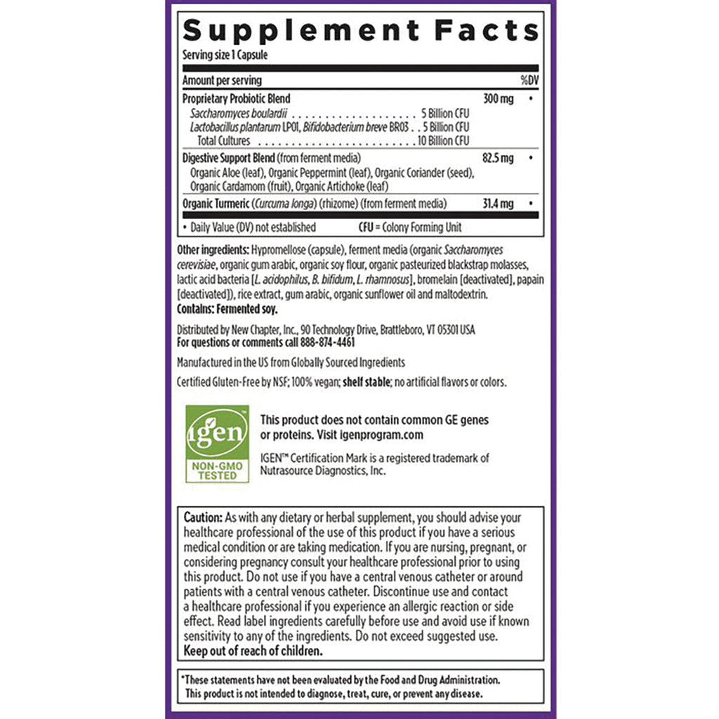 NWC312 | Supplement Facts and ingredient list on back label of probiotic supplement with caution box and non-GMO logo - Thumbnail