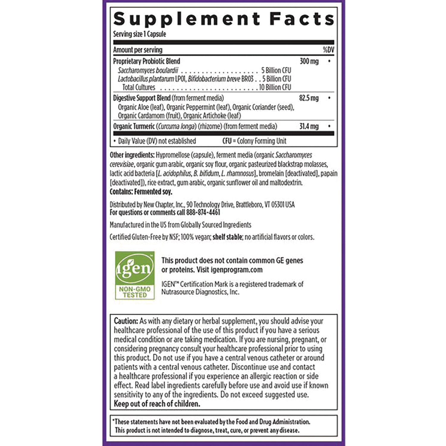 NWC312 | Supplement Facts and ingredient list on back label of probiotic supplement with caution box and non-GMO logo