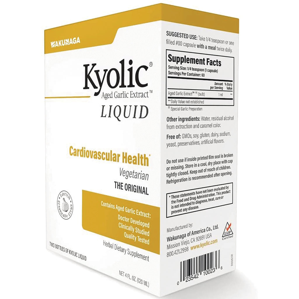 KY005 | Back of Kyolic Liquid box showing supplement facts, ingredients, suggested use and barcode - Thumbnail