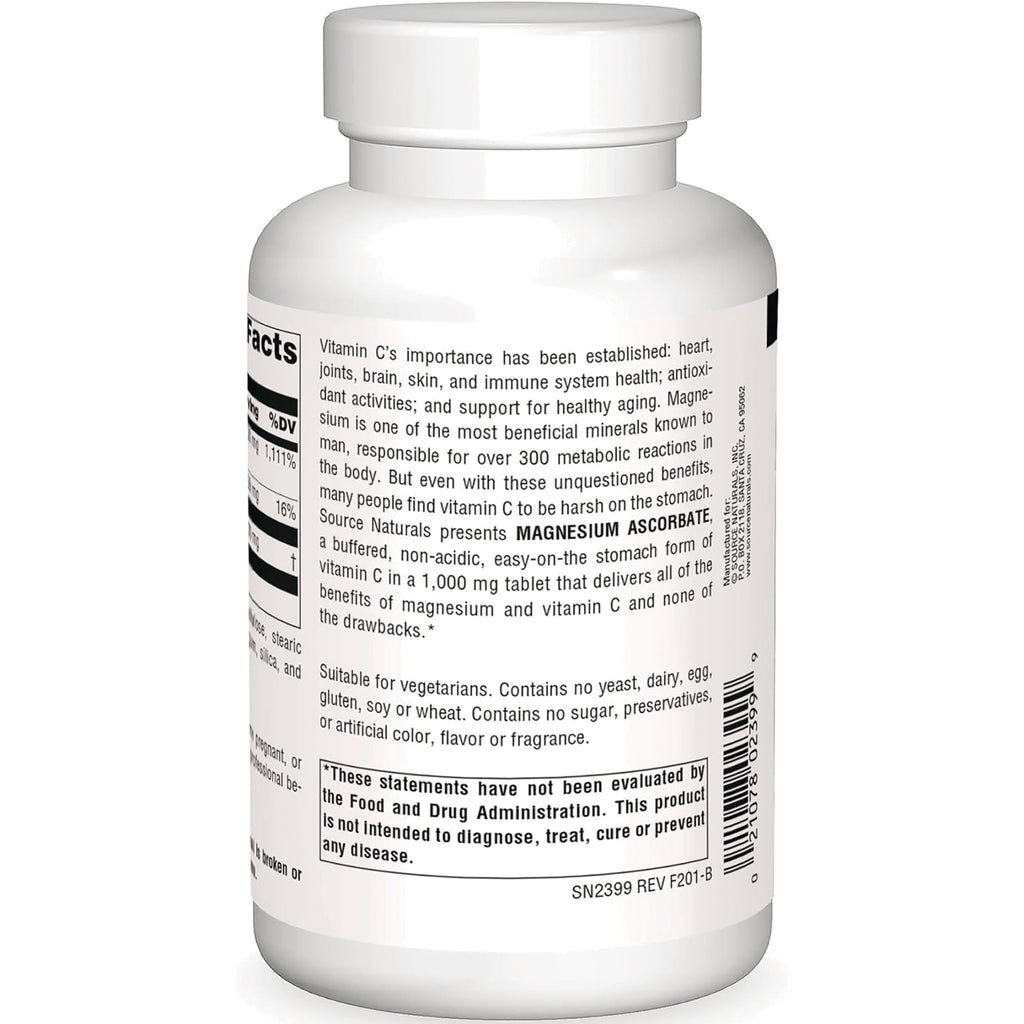 SN535 | Back label of Source Naturals Magnesium Ascorbate supplement bottle with supplement facts and barcode - Thumbnail
