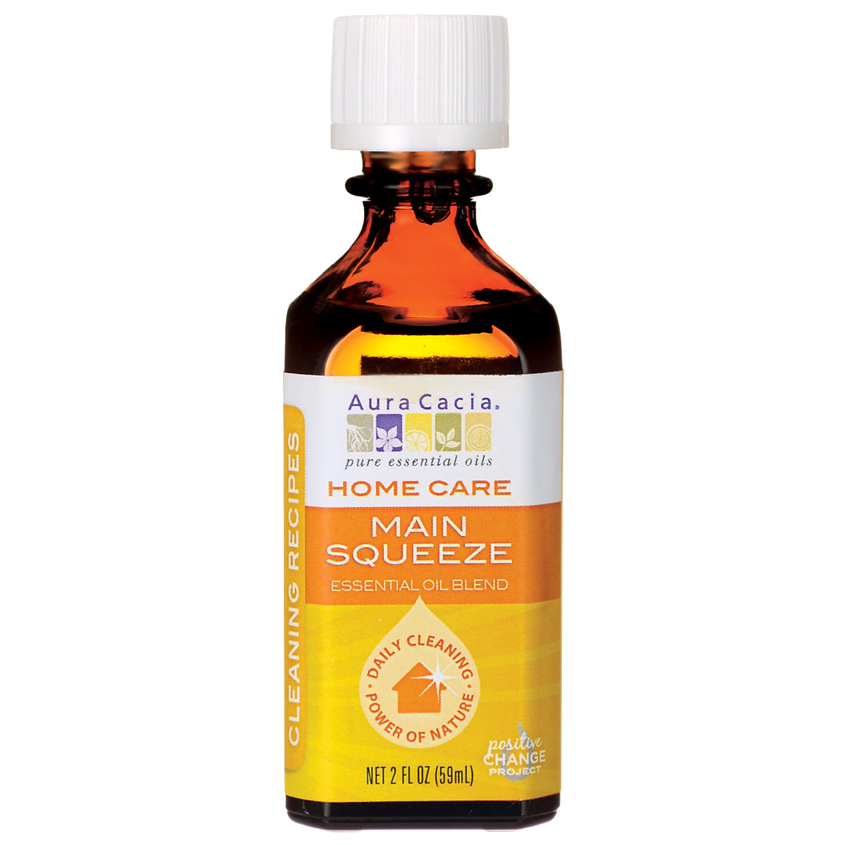 ARC265 | Amber glass 2 fl oz bottle with white cap labeled Aura Cacia Home Care Main Squeeze essential oil blend