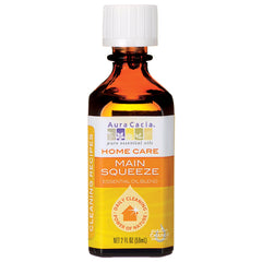 ARC265 | Amber glass 2 fl oz bottle with white cap labeled Aura Cacia Home Care Main Squeeze essential oil blend