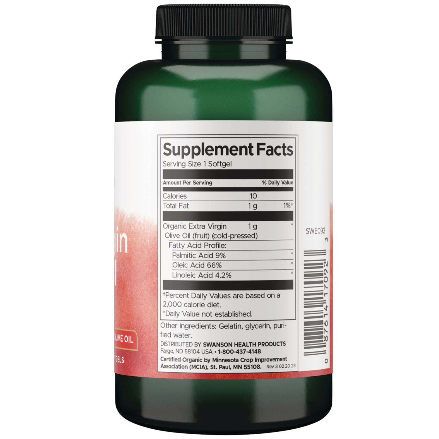 SWE092 | Back label with Supplement Facts for organic extra virgin olive oil softgels