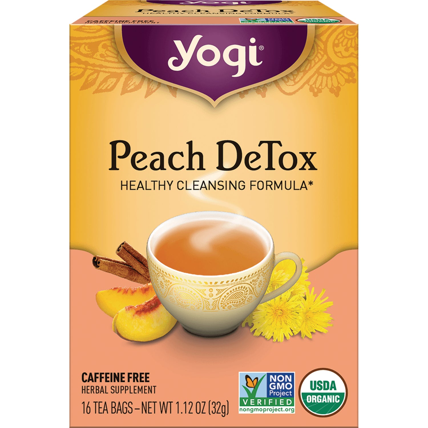AHW012 | Yogi Peach DeTox tea box, caffeine free, 16 tea bags, Non-GMO Project Verified, USDA Organic
