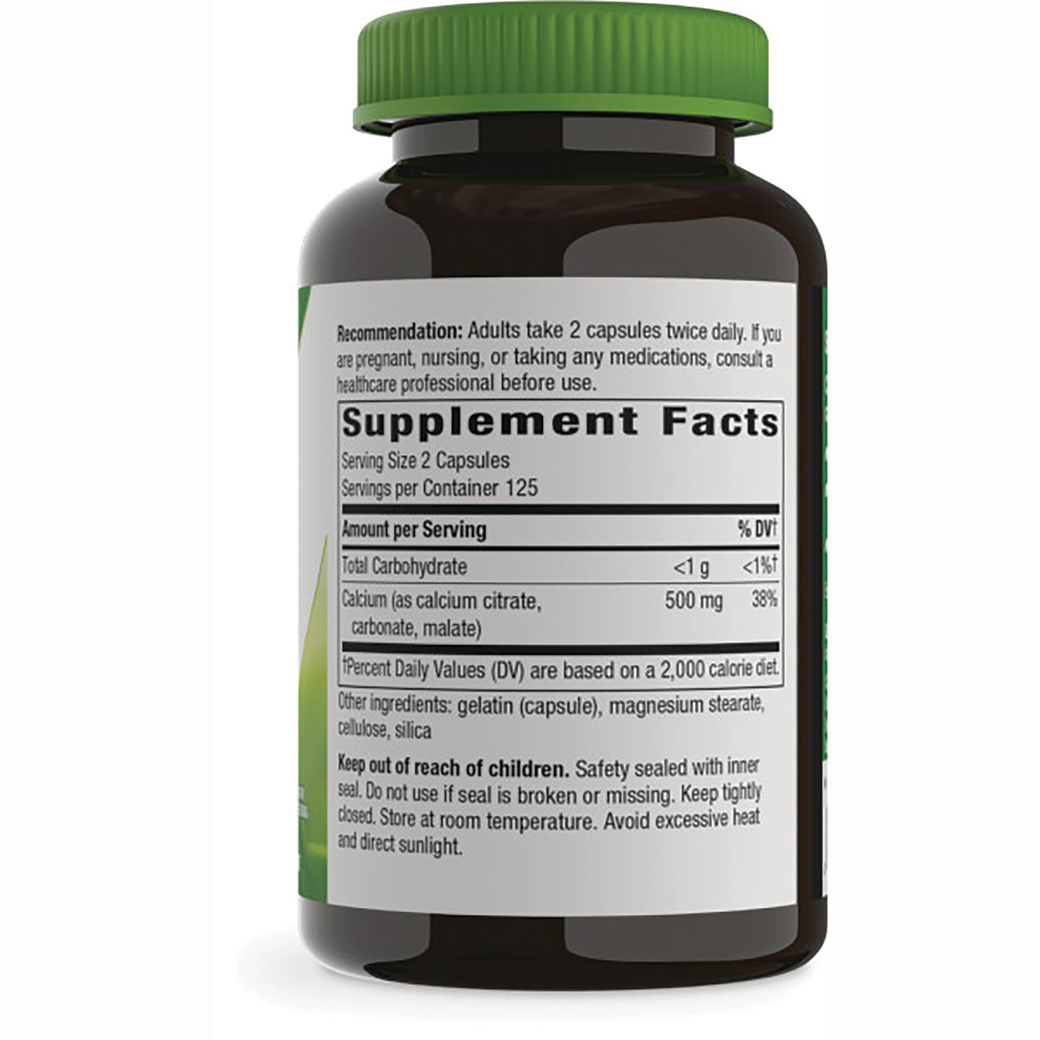 NW354 | Back of brown supplement bottle showing Supplement Facts panel with serving size 2 capsules and warnings